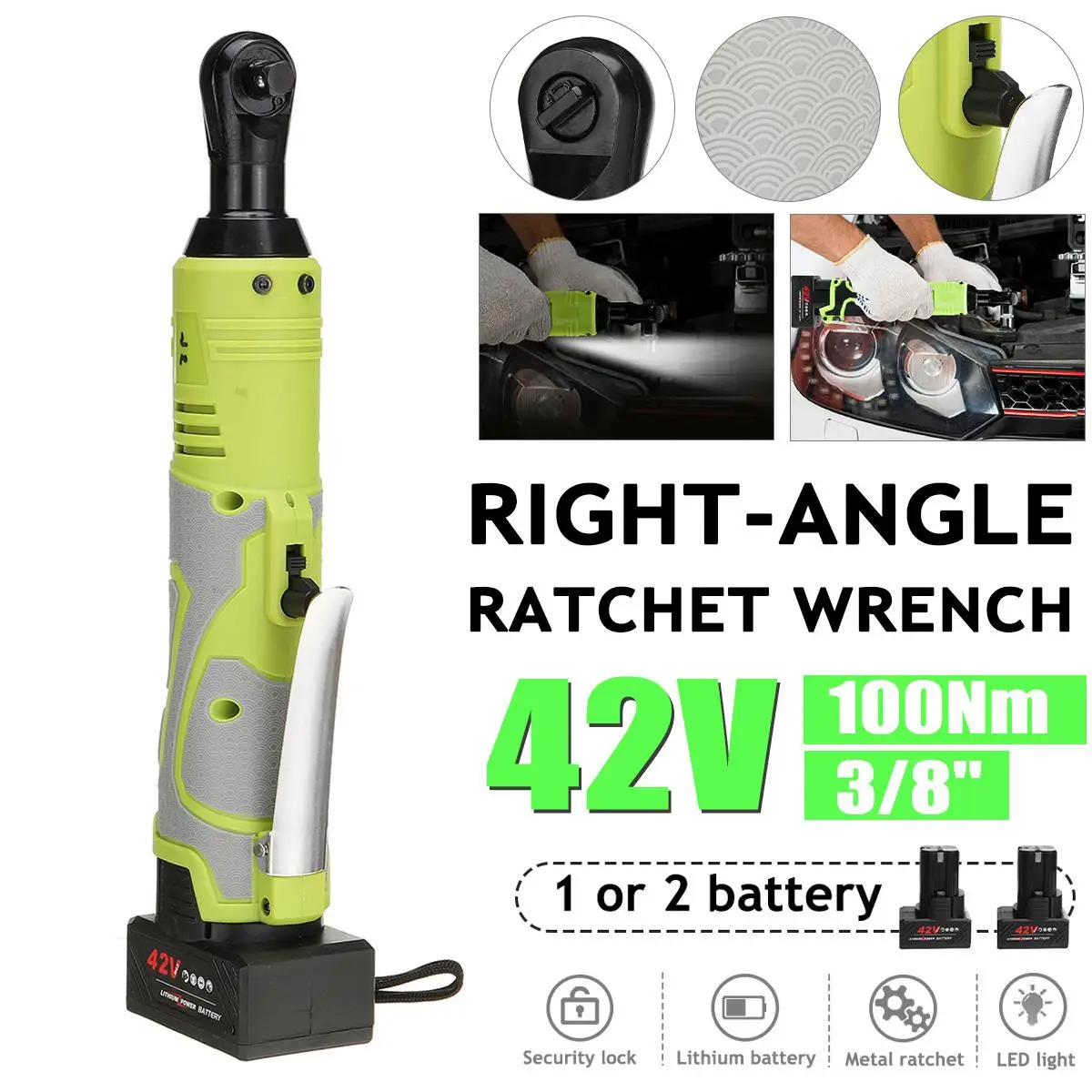 

42V 100Nm Electric Wrench 3/8" Cordless Ratchet Rechargeable Scaffolding Right Angle Wrench Tool with 1/2 Battery Charger Kit