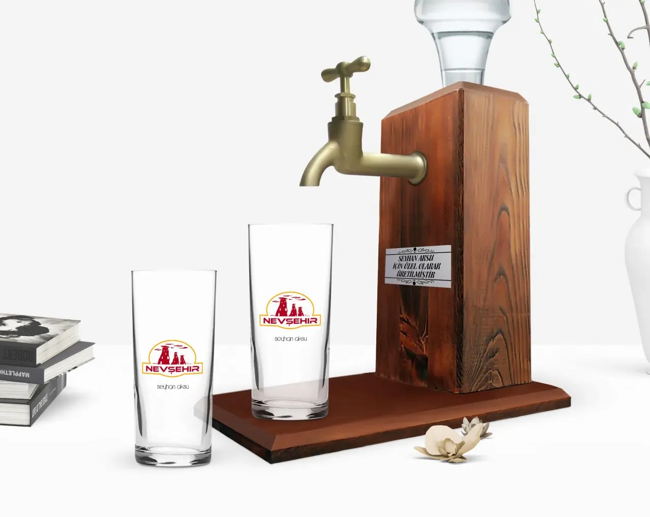 

Персонализированные Цветные принты Nevsehir дизайн туристических двойной Arrack чашки и деревянные стойки подарок Seti-1