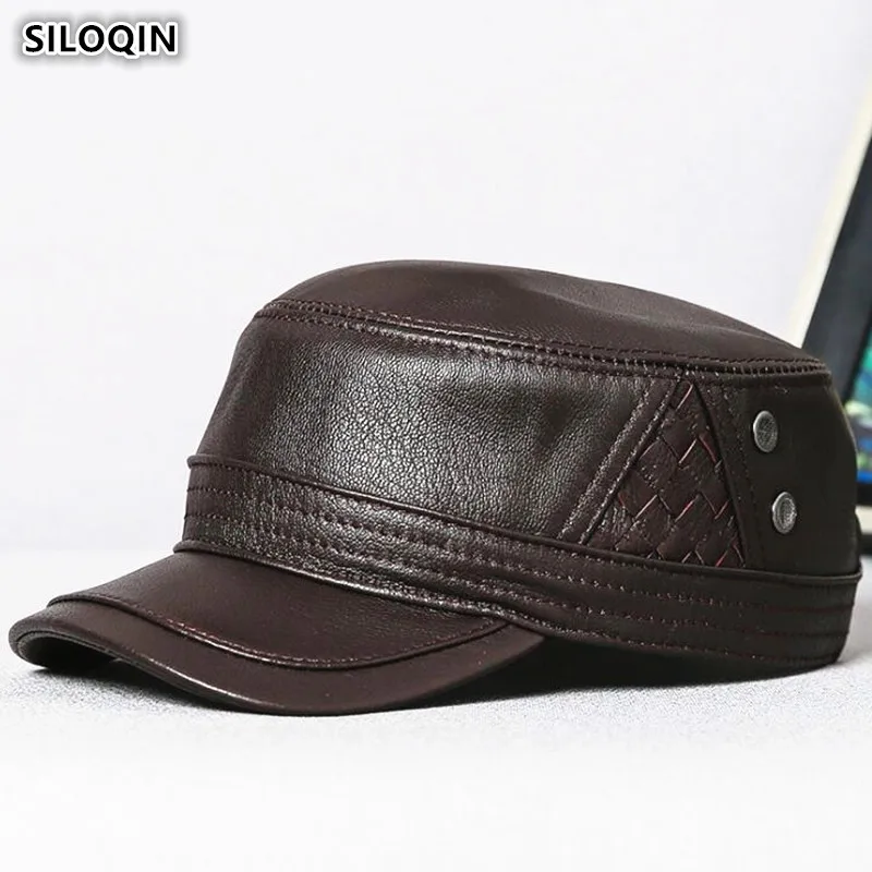 

НОВАЯ шапка SILOQIN из натуральной кожи, армейские военные шапки, мужская Кепка с плоским верхом, Кепка из овечьей кожи, Мужская брендовая Кепка с регулируемым размером