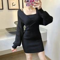 elegant dresses for women sexy wrap hip long sleeve off shoulder knitted mini dress fake two pieces slim wild womens autumn 2021