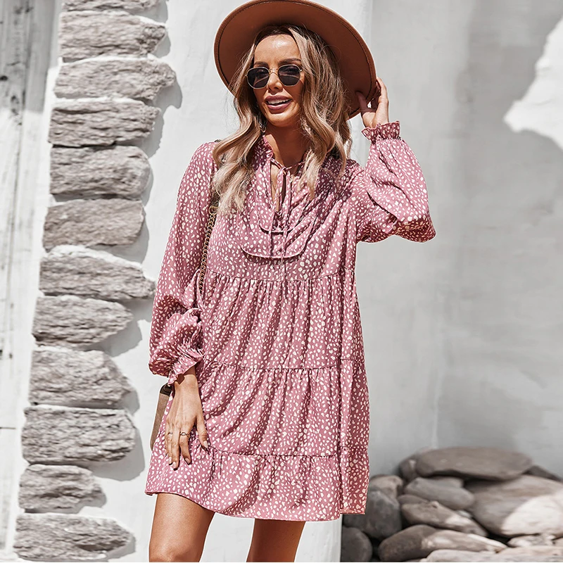 

Leopard Print Women Long Sleeve Dress V Neck Ladies Casual Dress Short A Line Spring Autumn Loose Dress for Female Fashion