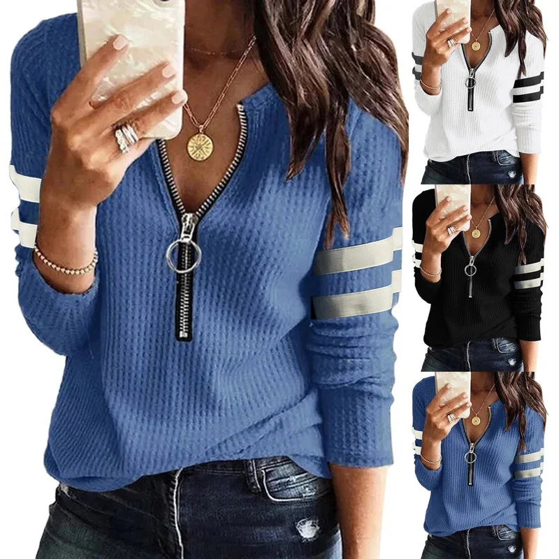 

Autumn and Winter Fashion Women V Neck Long Sleeve T Shirts Zipper Knit Loose Fitting Thermal Tops Femmel Pullovers