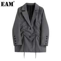 eam women gray drawstring big size blazer new lapel long sleeve loose fit jacket fashion tide spring autumn 2021 1dd0511