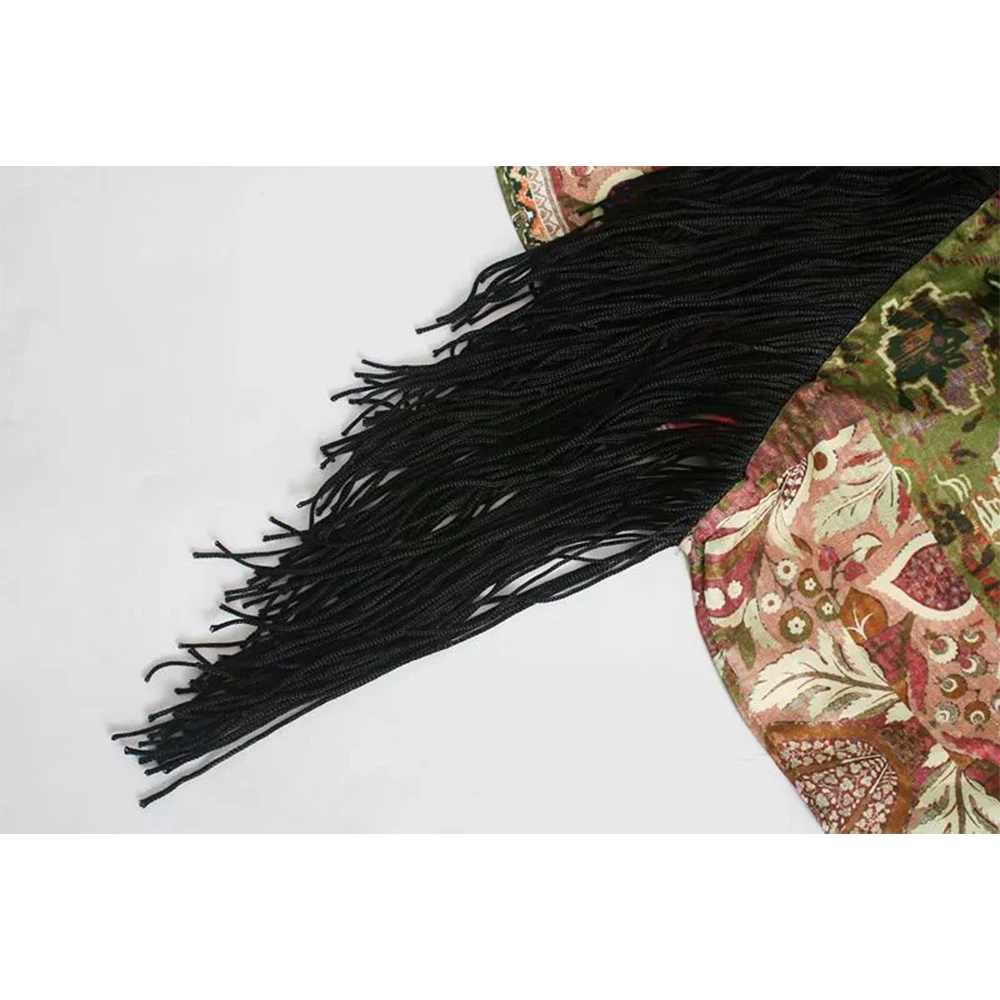 2020 New Women Dress Printed Fringed Hem Long pleated sleeves tassel detail Chic Fashion vestidos femme robe | Женская одежда