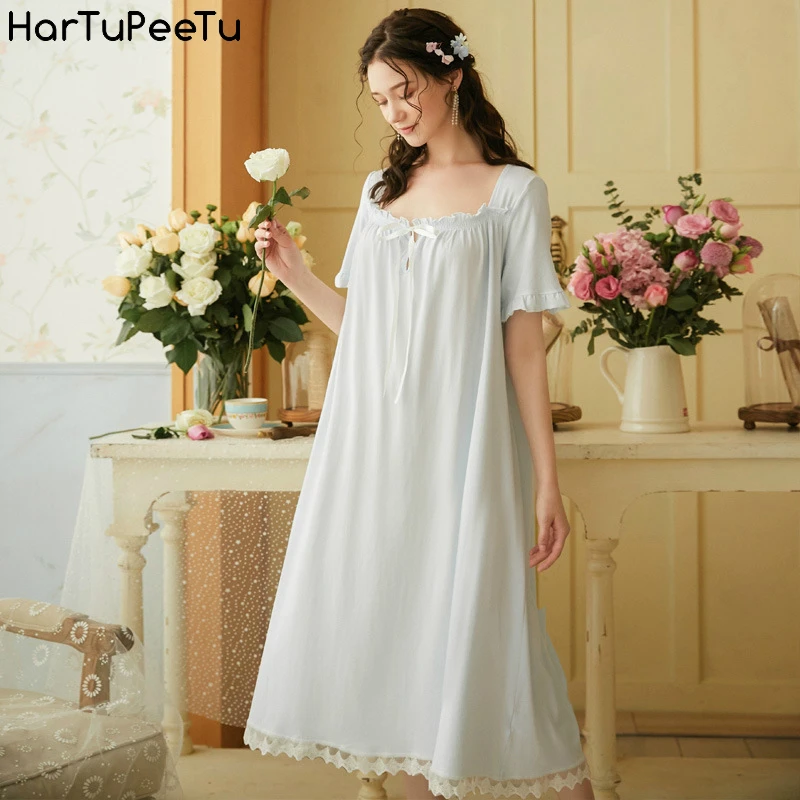 Women Home Wear Cotton Night-Robe Retro Victorian Style Short Sleeve Summer Nightdress Court Princess Lace Sweet Loose Pajamas