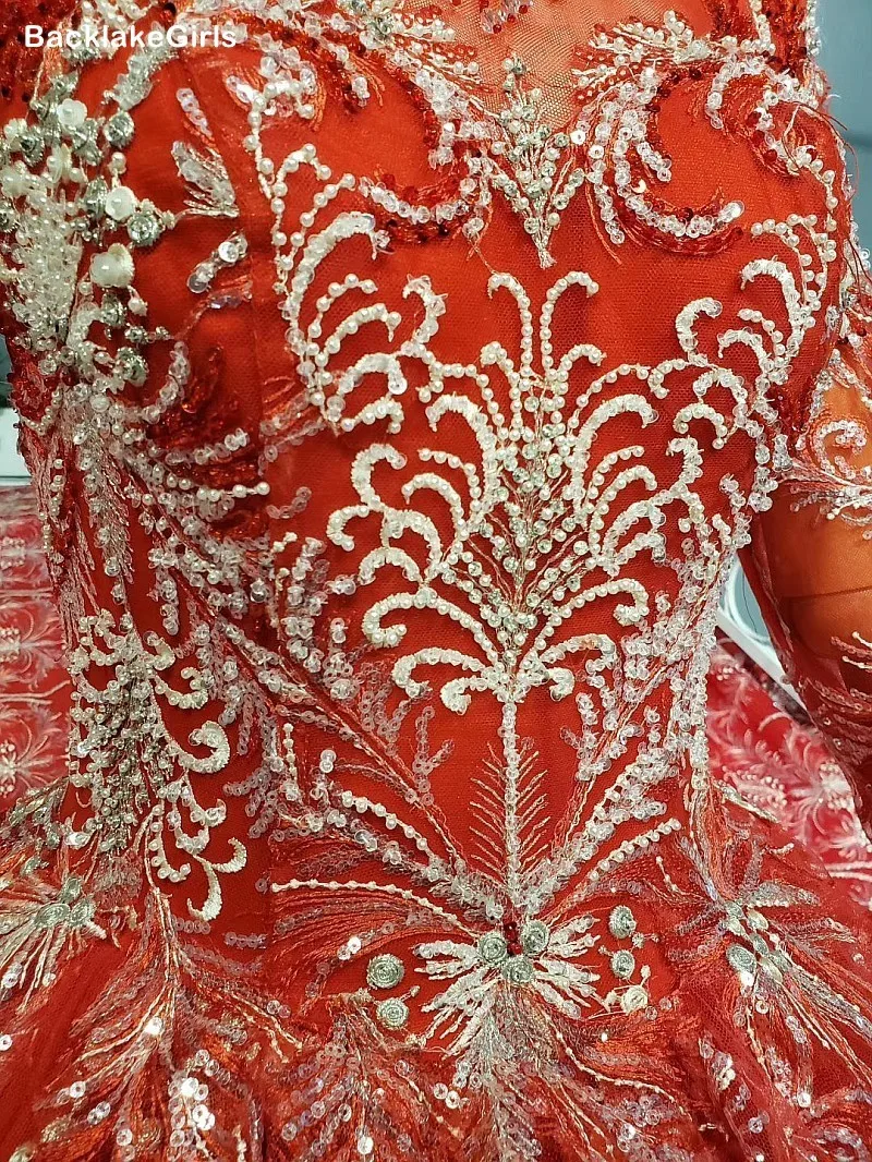 2020 Белое кружево из аппликаций красное свадебное платье Милая шея полный рукав