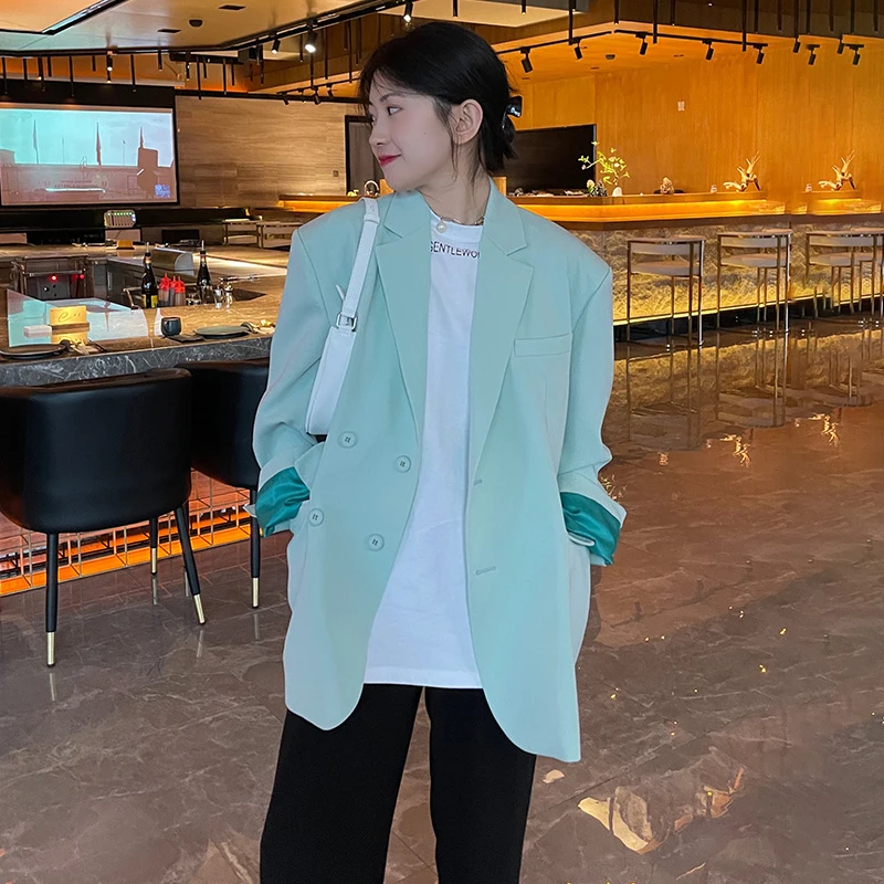 

SHENGPALAE Elegant Tender Green Blazer Women's Spring Autumn 2021 New Notched Large Size Single Breasted Long Sleeve Suit Coat