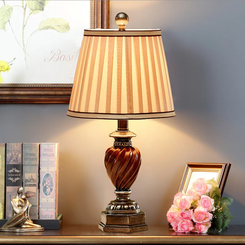 

European vintage brown resin art Table Lamps Classical rural touch switch fabric E27 LED lamp for bedside&foyer&studio SJBN017