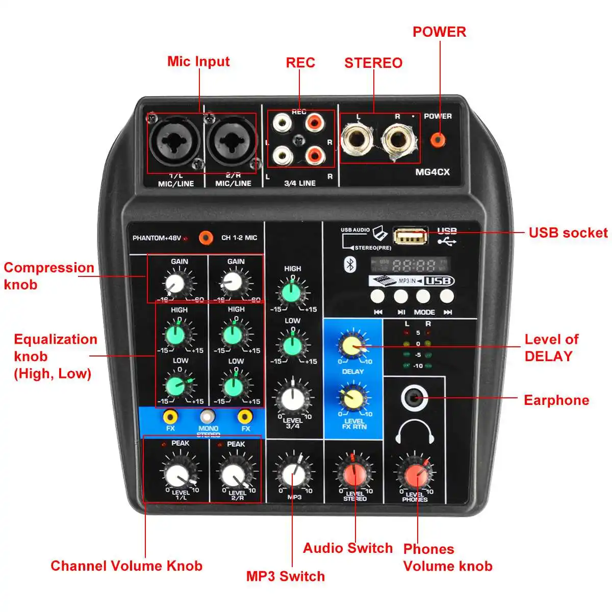 Беспроводной 4-канальный звуковой микшер Портативная звуковая микшерная консоль