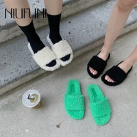 niufuni autumn wool women slippers soft furry slides fashion open toe flat sandals female flip flop muller lazy shoes slip on
