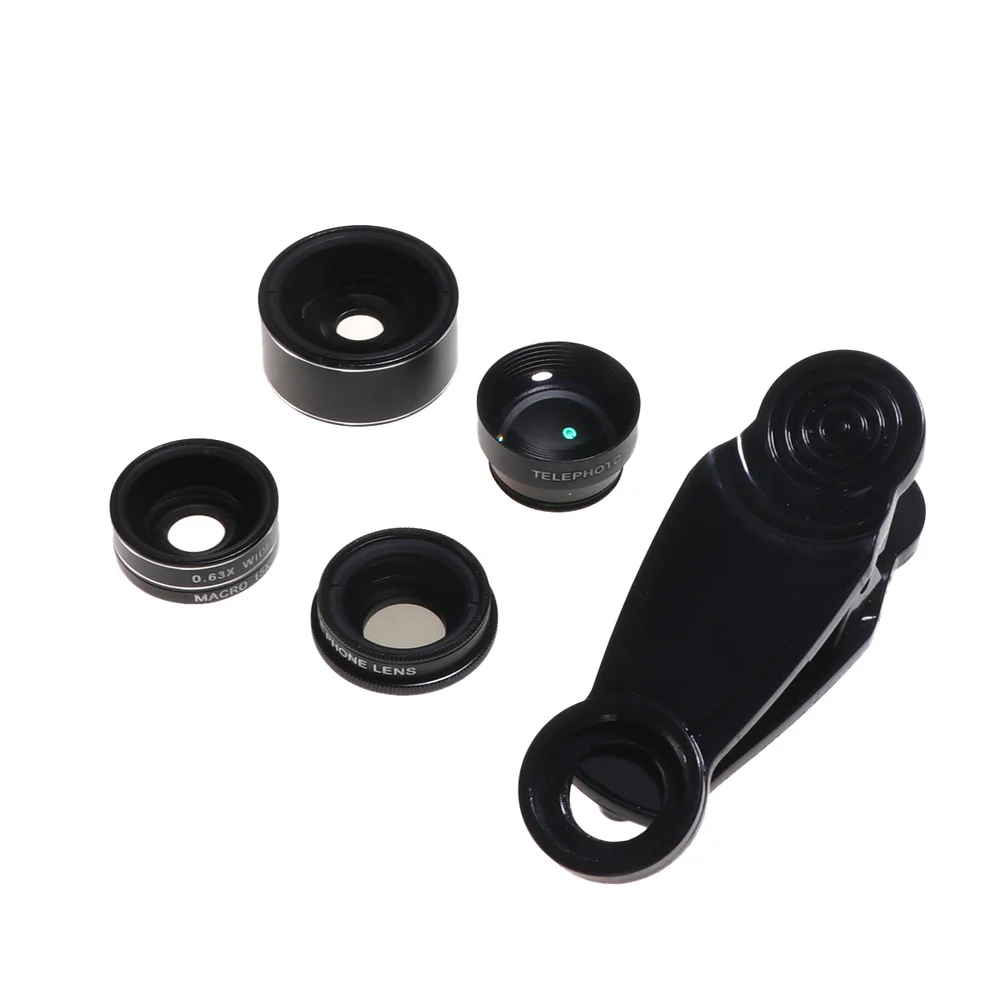 

5 In 1 Phone Lens Kit 198 Fisheye 0.63 Wide Angle 15X Macro Lens 2X Portrait Lens and CPL Polariscope Lens for Smartphone