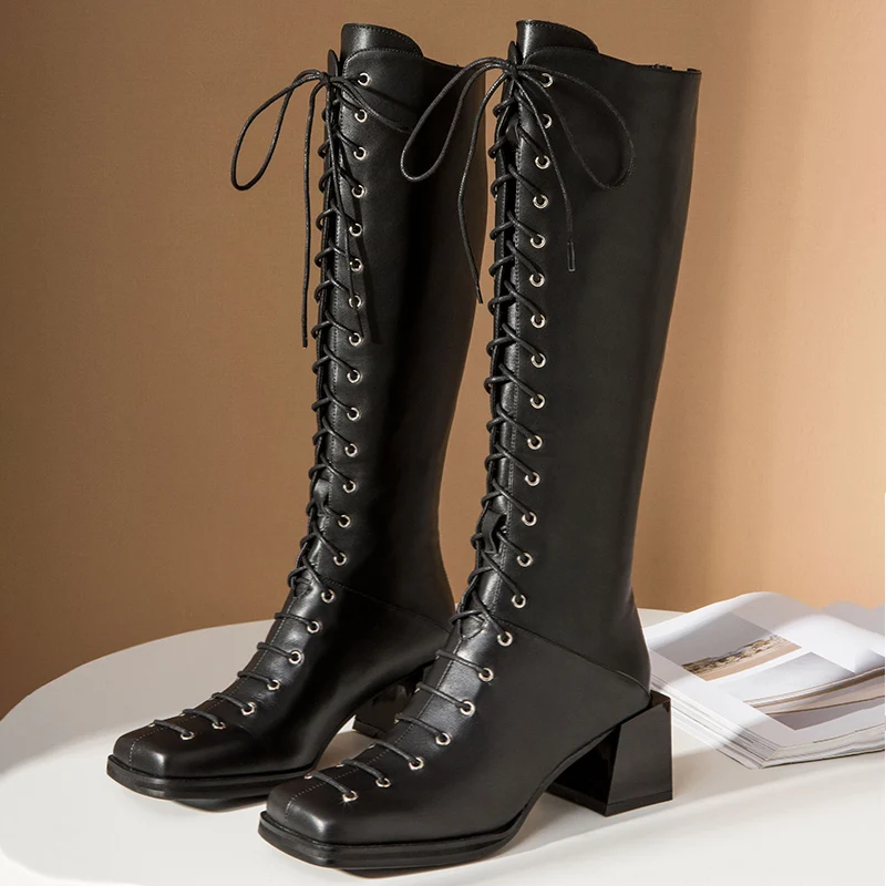 

salu Winter Boots Women Knee High Boots Warm Boots New Fashion Real Leather Women Shoes Round Toe Heel Black Ladies 2020