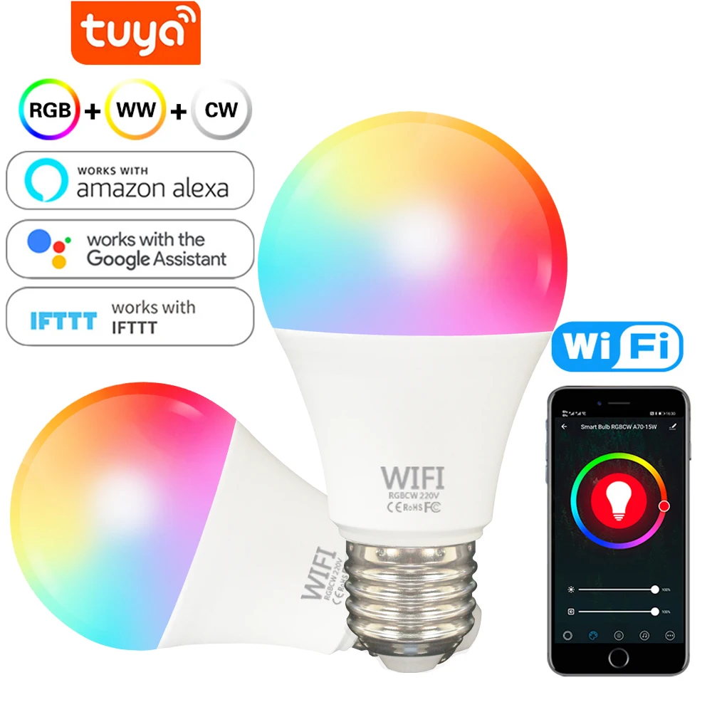 Умная Светодиодная лампа Tuya E27/B22, приглушаемая лампа с Wi-Fi, управлением голосом и управлением через приложение, 12 Вт, 15 Вт, RGB, для Google Home Alexa