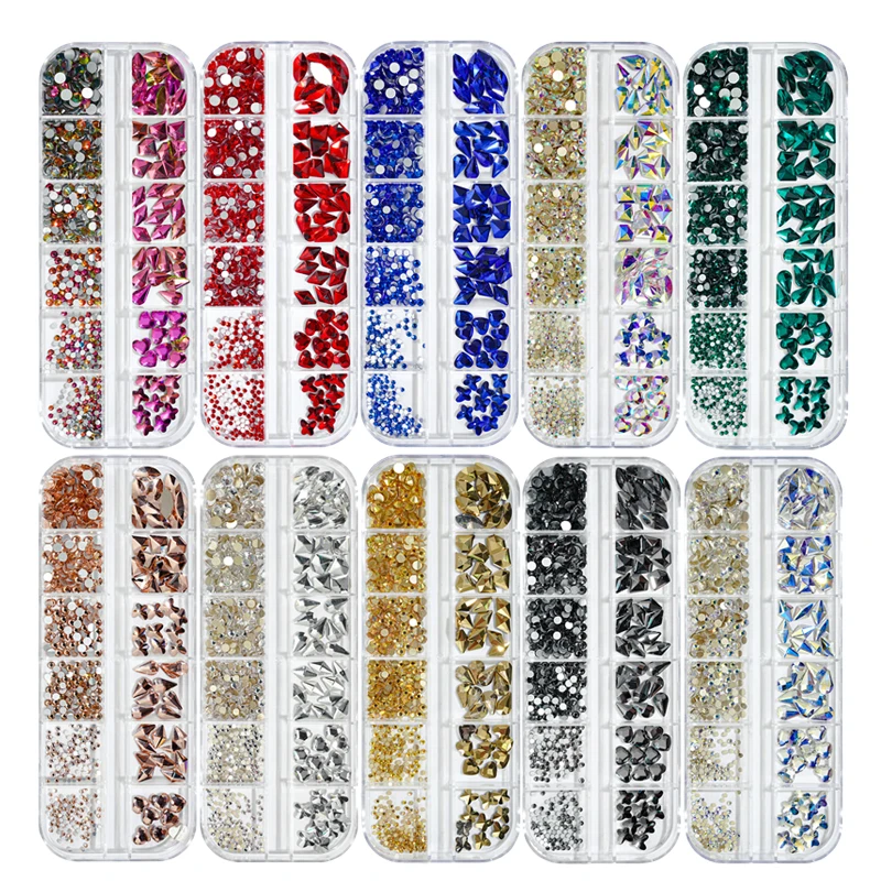 Стразы разноцветные для ногтей 12 цветов разных размеров бриллианты AB с плоской
