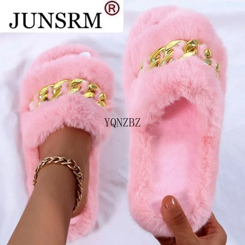 

Women's Slippers Soft Fluffy Plush Slippers Metal Decorative Flat Slippers Comfortable Casual Shoes Soft-soled Non-slip Slippers