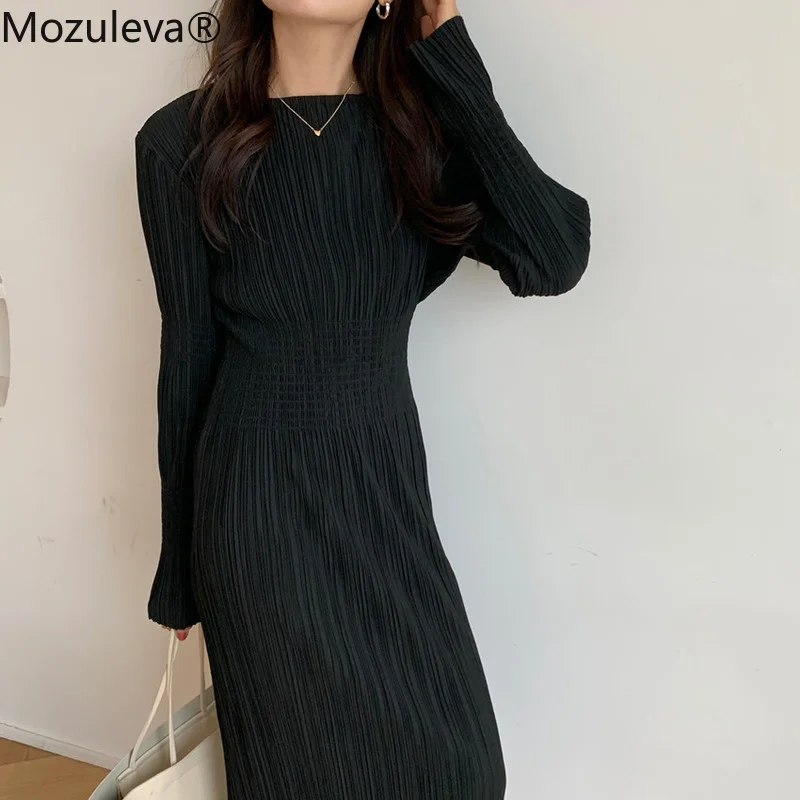 

Mozuleva Women Korean Chic Stripe Black Long Dress 2021 Autumn Stylish O Neck High Silm Waist Dress Color Party Vestidos Femme
