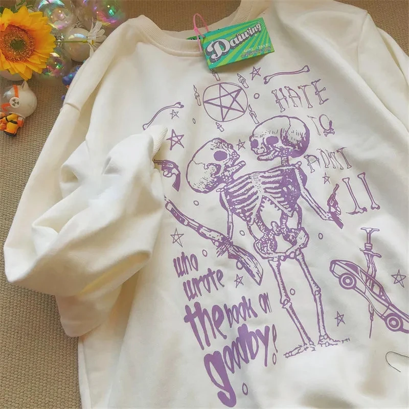 

Autumn retro skull O-neck sweater women loose streetwear long-sleeved top clothes vintage pullover harajuku hoodie bar size y2k