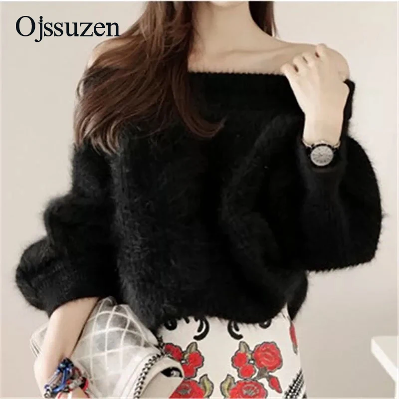 Женский зимний трикотажный пуловер с открытыми плечами и воротником-лодочкой |