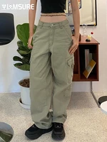 iamsure casual loose big pockets cargo pants green mid waisted wide leg pants women 2022 spring autumn streetwear fashion ladies