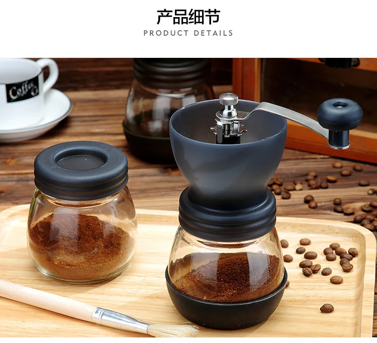

Full body washable hand coffee grinder a glass bottle with a lid