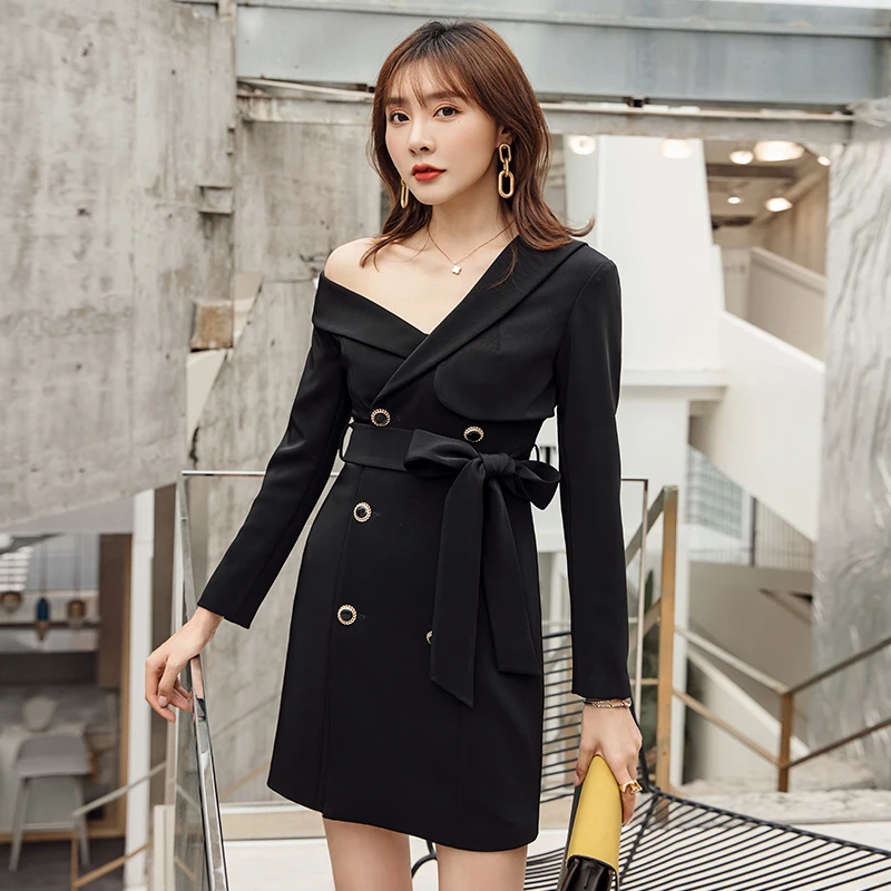 YIGELILA New Arrivals Fashion Black Dress One Shoulder Full Sleeves Dress Office Lady Double Breasted With Belt Dress 65449