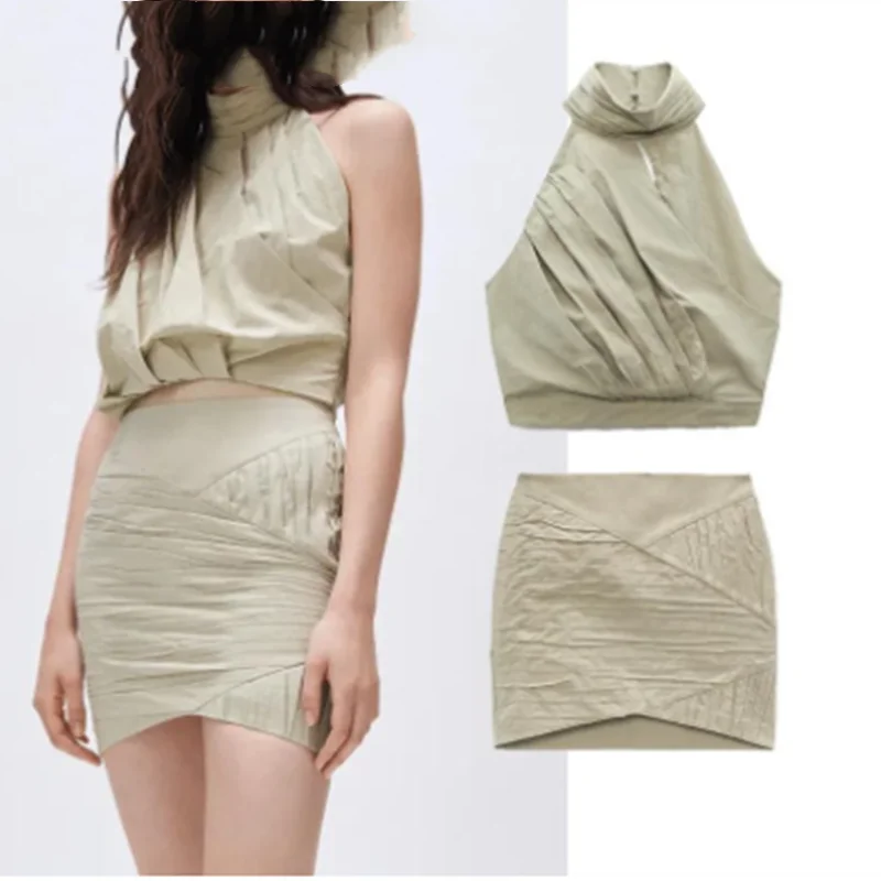 

Za 2021 Summer Ruched Mini Skirts Women Fashion High Waist Asymmetric Hem Skirt Vintage Sexy Wrap Pleated Lady Shrot Skirt Suits