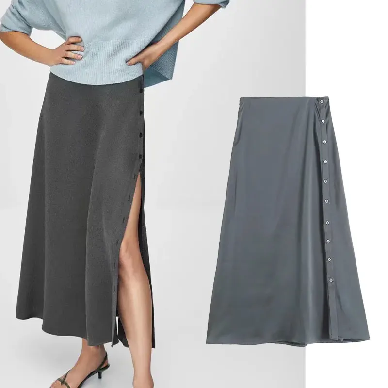 

Za Midi Skirt Women England Style Chic Fashion Elegant Side Button Simple Faldas Mujer Moda 2021 Casual Skirts Womens