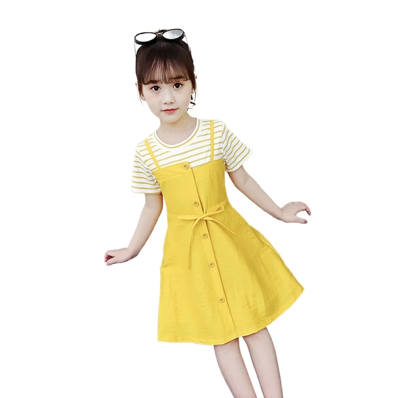 

Girls Dress Summer New Patchwork Preppy Style Short Sleeve Striped Fake Two Dresses Elegant Children Clothes Princess Dress Girl