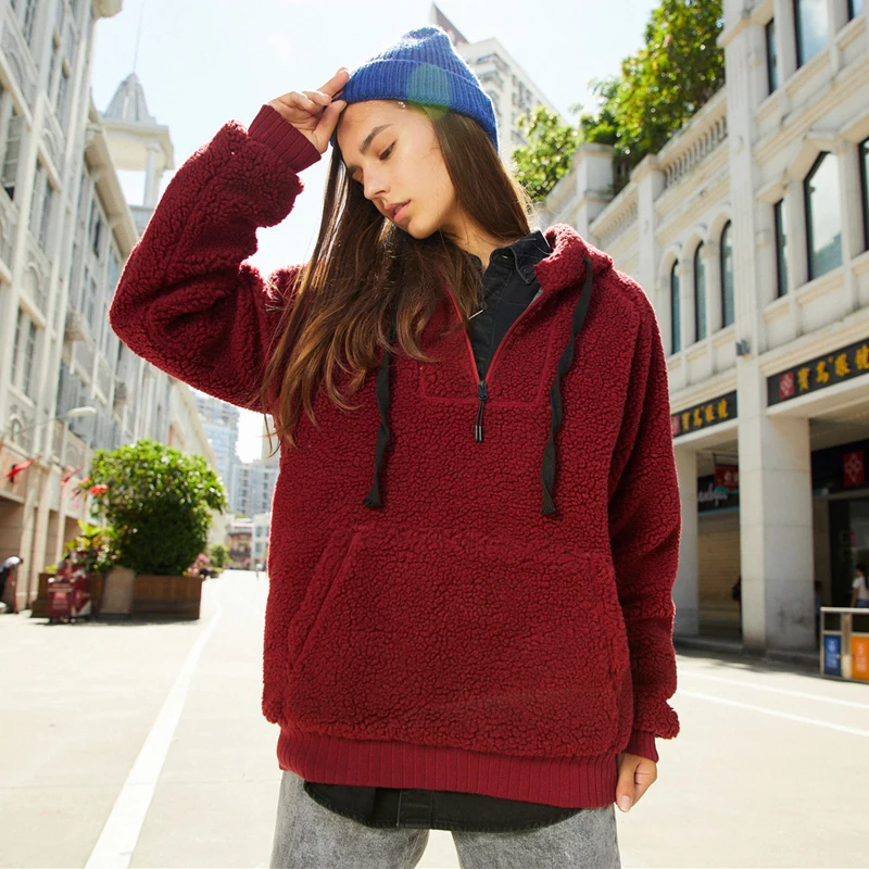 

Ymwmhu Wine Red Warm Women's Fleece Hoodies Solid Thick Winter Thick Ladies Hooded Sweatshirts Loose Casual Oversized Clothing