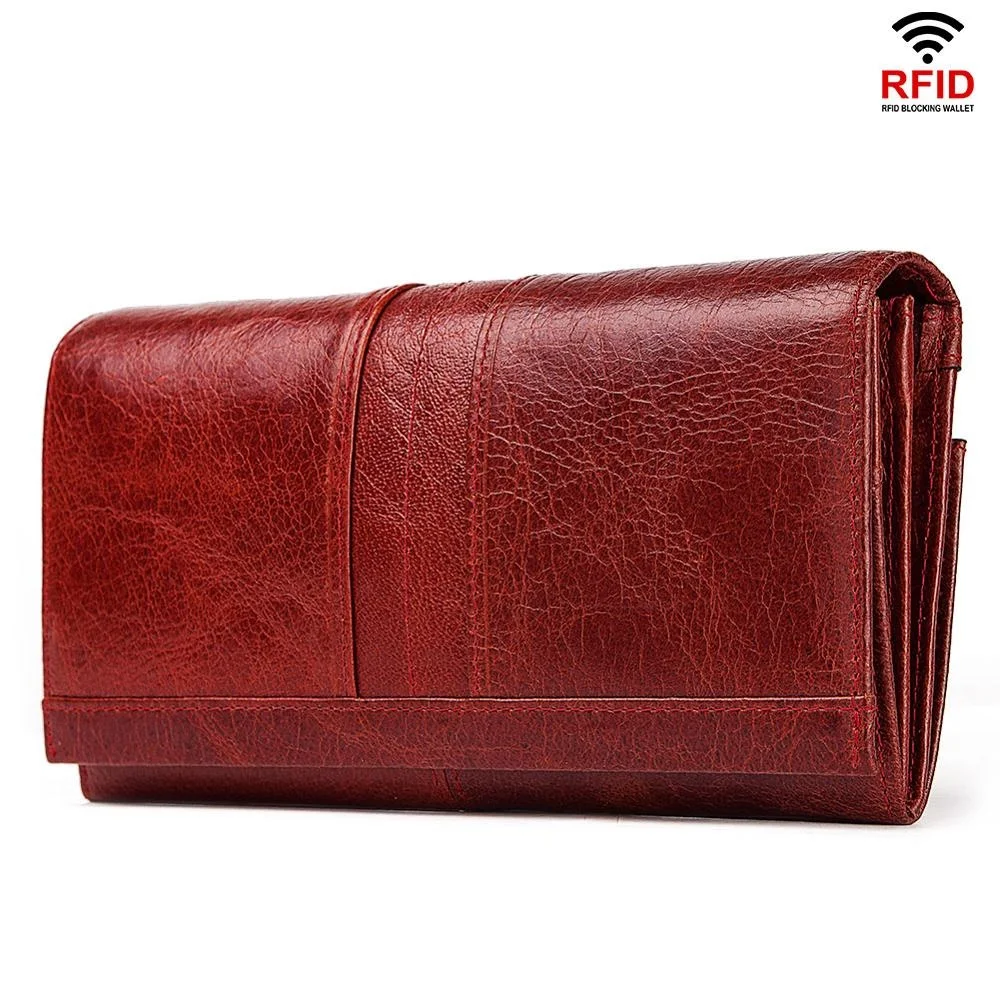 Длинный кошелек с Rfid защитой для женщин двойного сложения клатч из натуральной