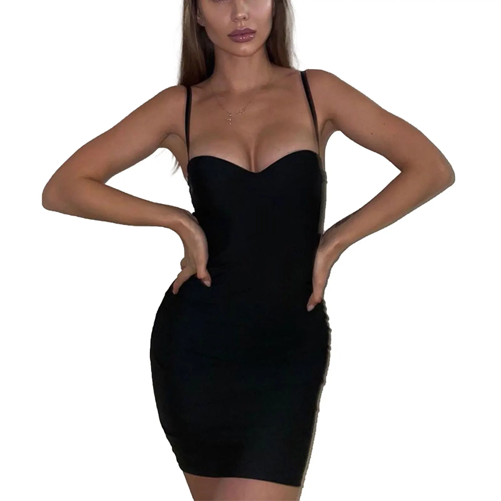 

Summer Women Fashion Sexy Sleeveless Sling Skinny Solid Color Dress Ladies Stylish Dress for Party Gathering Black