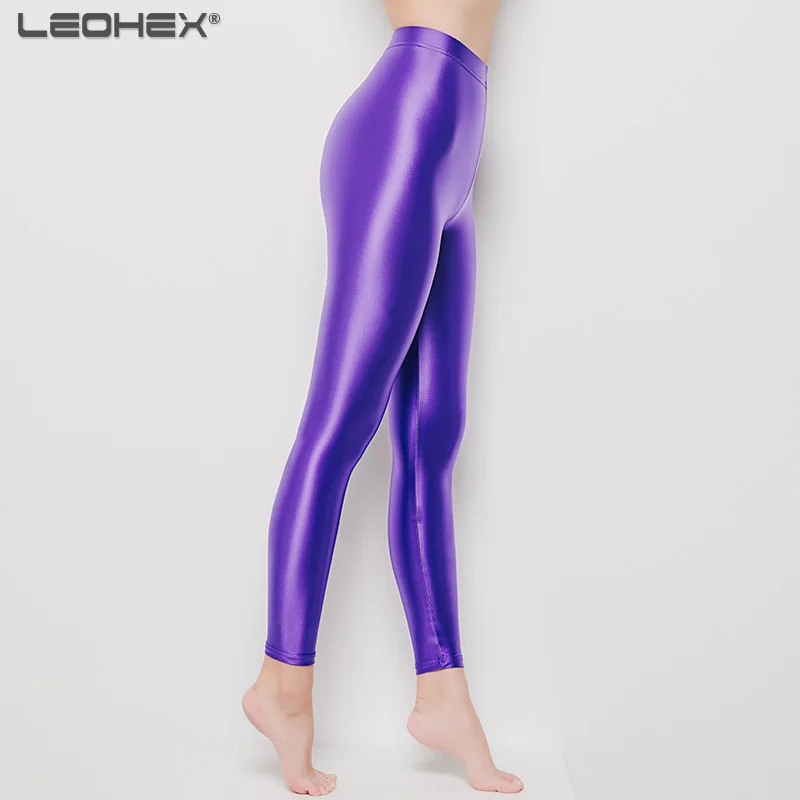 LEOHEX, атласные глянцевые трико, сексуальное бикини с высокой посадкой, стринги, боди, Женский Блестящий Цельный купальник, купальный костюм - Цвет: Legging-Purple