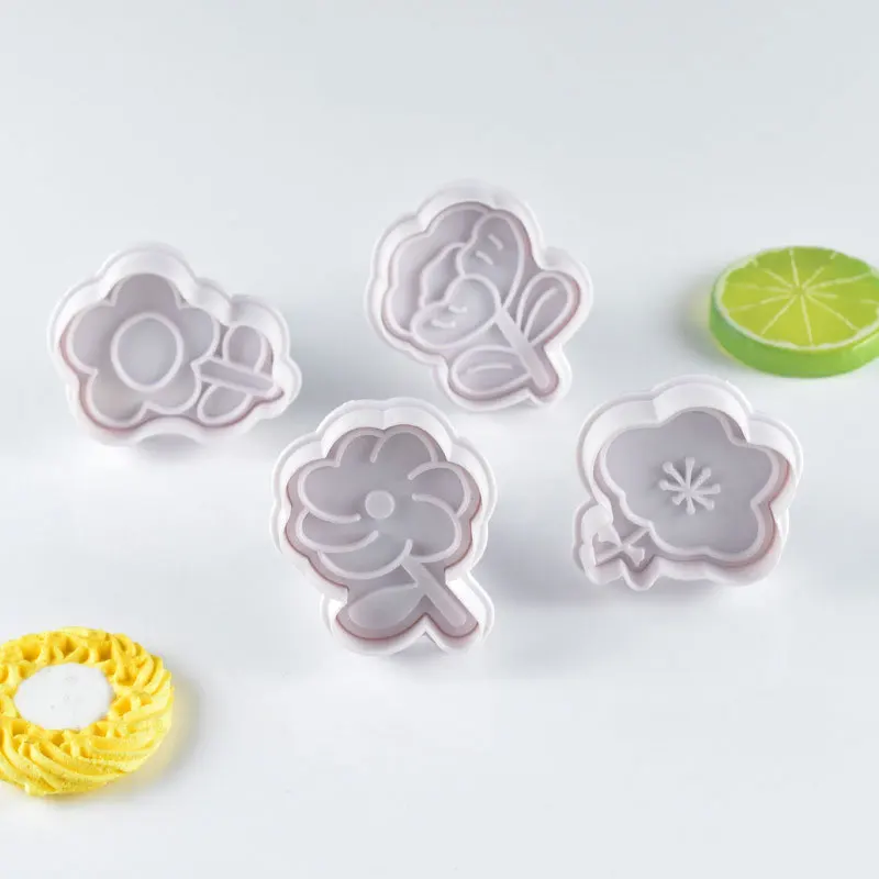 

Hot 4Pcs/Set Flower Plastic Decorative Biscuit Mold DIY Kitchen Cake Decorating Tools Cookie Cutter Stamp Fondant Embosser The