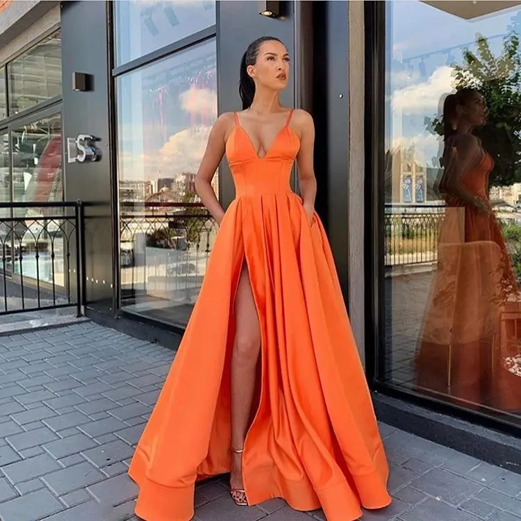Модные оранжевые Желтые Вечерние платья Длинные 2019 Спагетти ремни v-образный