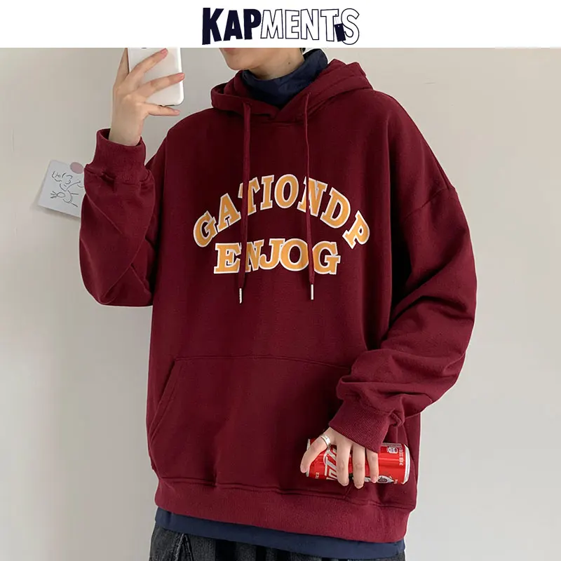 

KAPMENTS Winter Tops Men Fake Two Pieces Hooded Hoodie 2022 Winter Japanese Pullover Mens Letter Harajuku Sweatshirt Man Hoodies