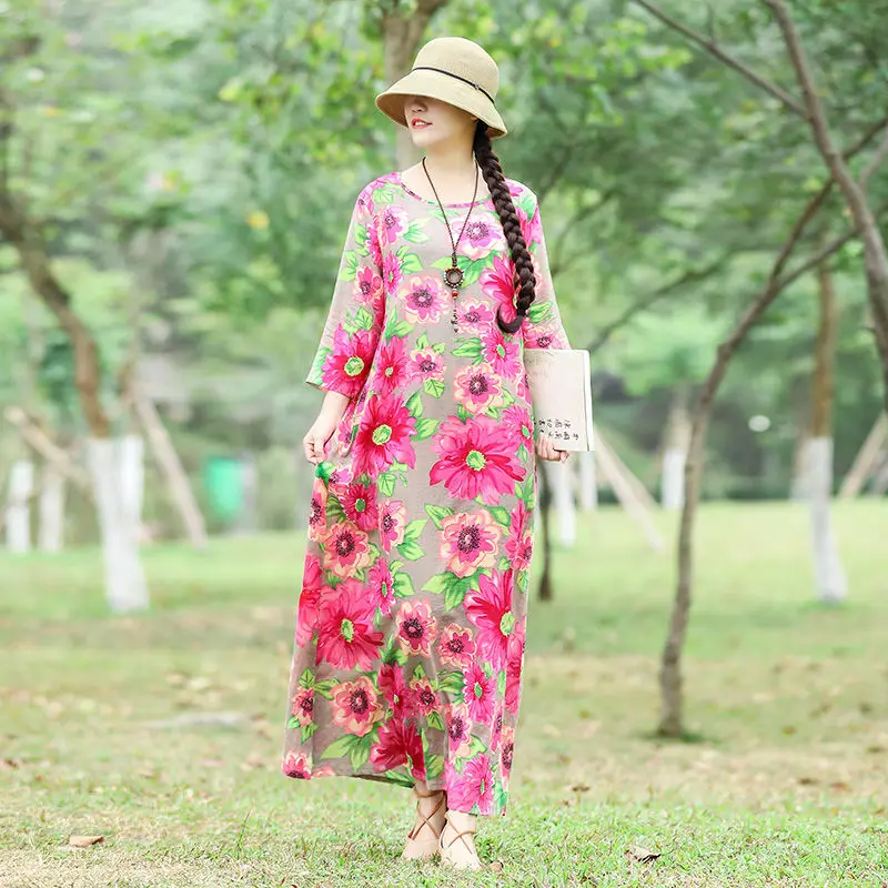 

Women 2021 Spring Summer New O-neck Printed Dress Female Fashion Loose A-line Dress Ladies Long Thin Casual Vestidos T103