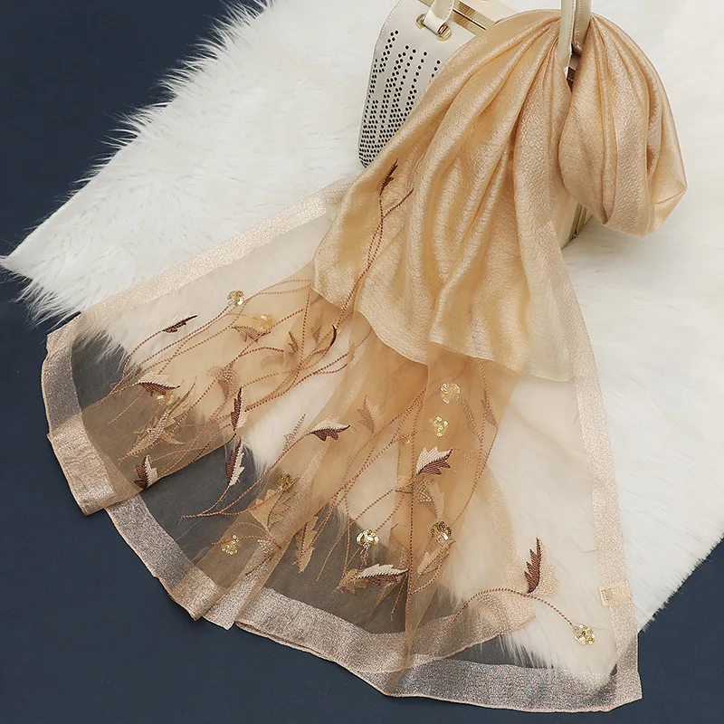 

2022 New Silk Wool Scarf Women Embroidery Spring And Summer Solid Color Long Scarves Pashmina Female Shawl Hair Hijab Bandana