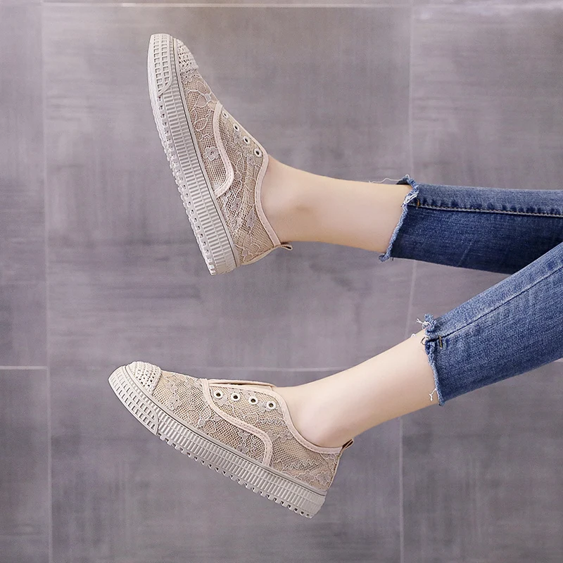 

Hallow Breathable Sneakers Women Lace Vulcanize Summer 2021 New Slip On Loafers Flatform Sneakers for Women Casual Shoes