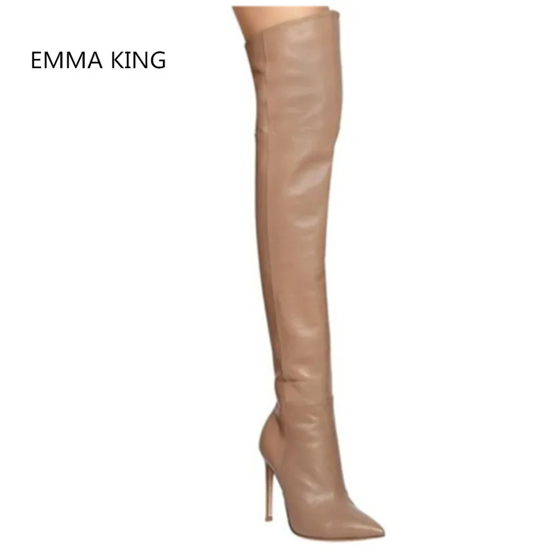 Коричневые кожаные женские пикантные ботфорты на шпильке 2019 г. Зимняя обувь