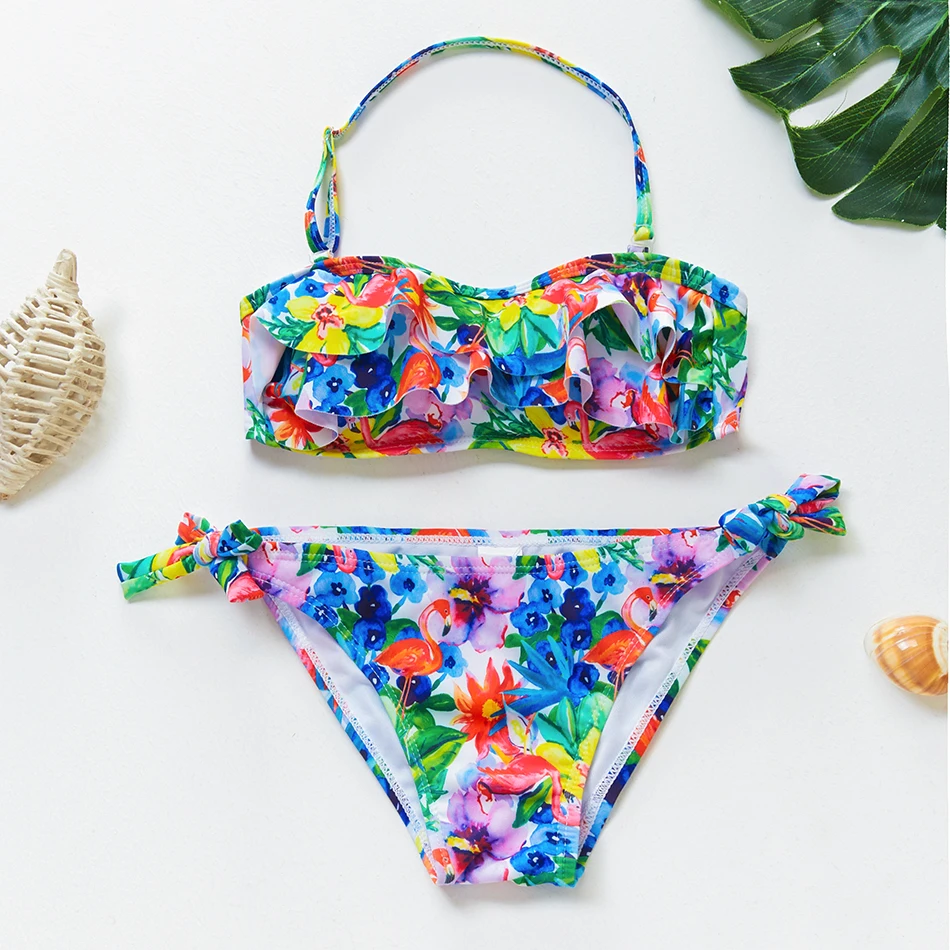 

3~16Y Teenager Girls Swimsuit Bikini Set Two pieces Girls swimwear Tropical Floral Children swimwear Kids Beach wear-1062