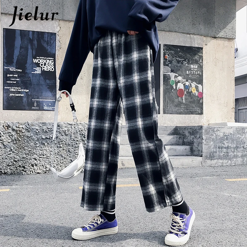 Jielur Ulzzang, корейские женские штаны,, Харадзюку, хип-хоп хипстер, свободные широкие штаны, черные клетчатые панталоны, женская уличная одежда, M-XL