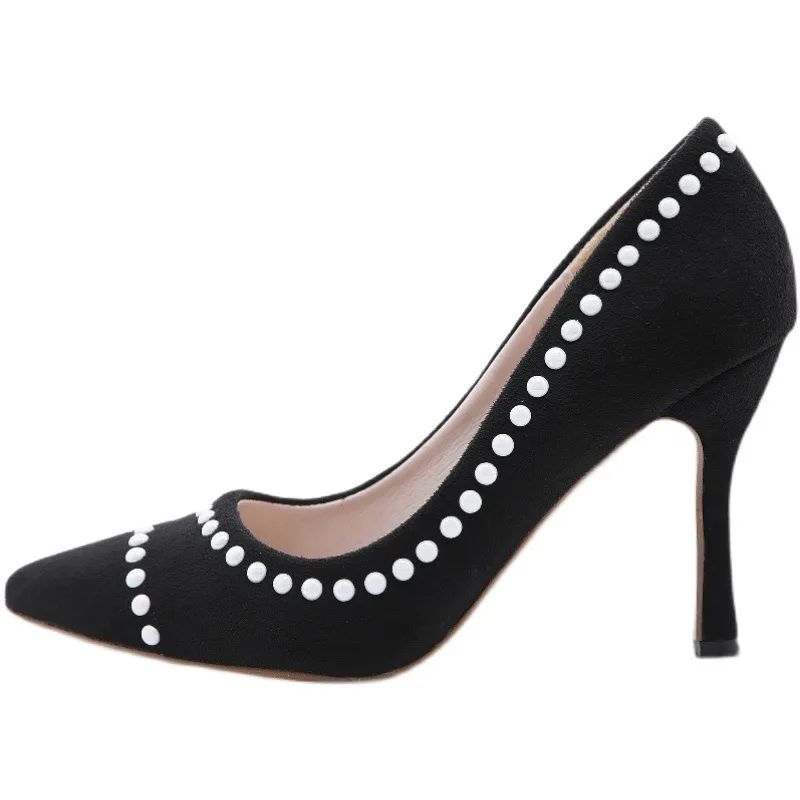 

Casual Heels Branded Pumps 2021 Rivets Women's High-Heeled Shoes Lace-Up Shallow Mouth Sexy Sandals Slip On Footwear Pointed Wed