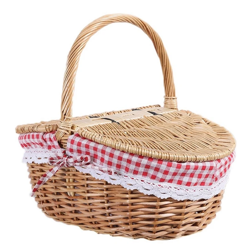 

Country Style Wicker Picnic Basket Hamper with Lid and Handle & Liners for Picnics, Parties, Wedding, Camping and BBQs