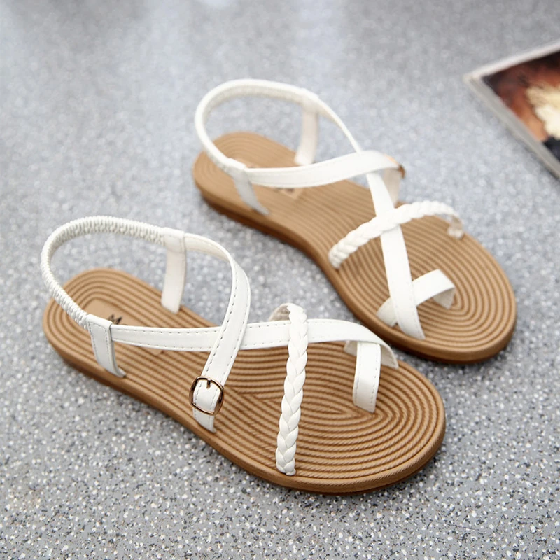 

Summer Shoes Woman Sandals Elastic Flat Sandalias Mujer 2021 Strappy Gladiator Beach Sandals Ladies Flip Flops White