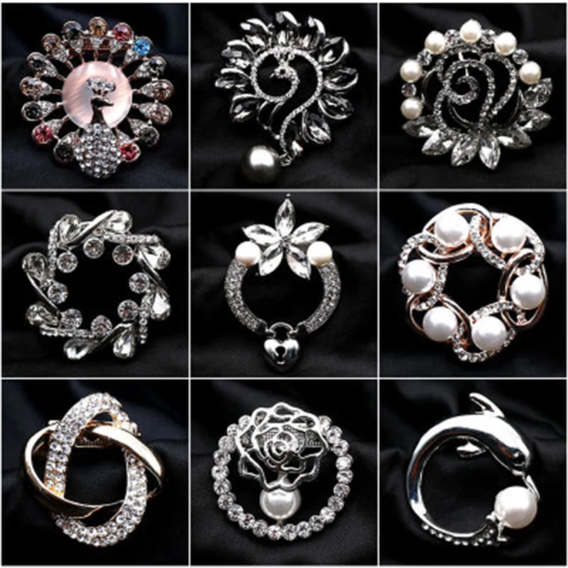 

Brooch Buckle Pearl Corner Knot Button Hem Decorative Diamond Silk Scarf Rhinestones Flower Antique Pins for Women In Assorted