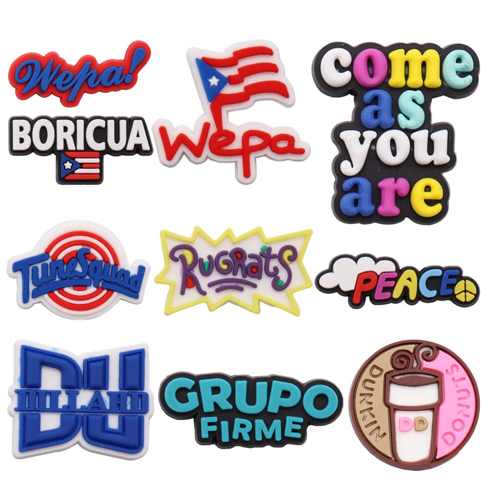 

Mix 50PCS PVC Cute Word Shoe Charms Donuts DU Grupo Firme Peace Come As You Are Rugrats Tune Squad Wepa Boricua Croc Jibz Buckle
