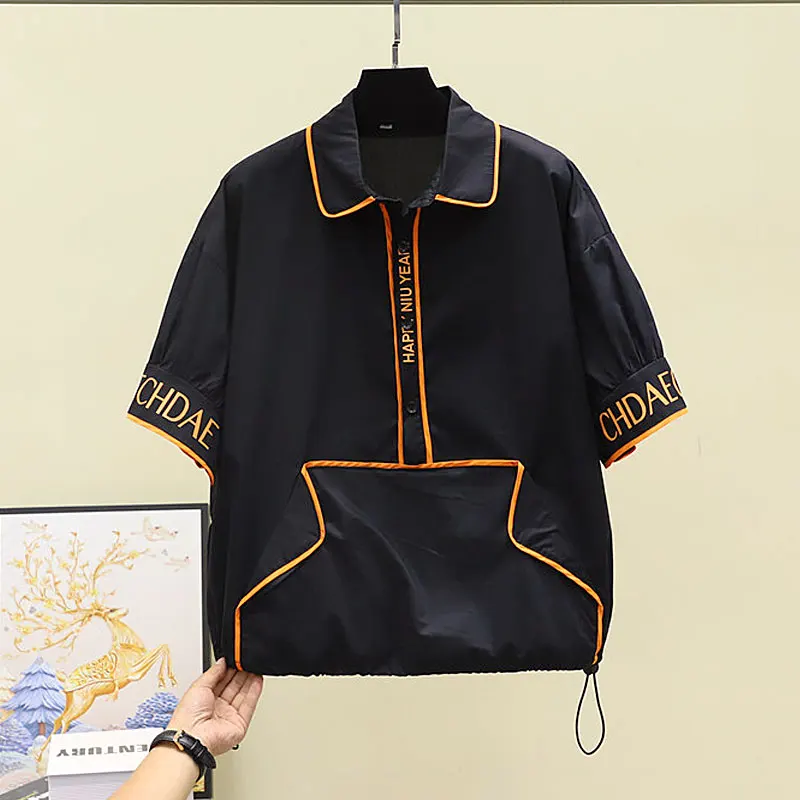 

2021 Summer Shirt Orange Turn Down Collar Short Sleeve Batwing Big Pockets Front Buttons String Casual Tops Plus Womens Shirts
