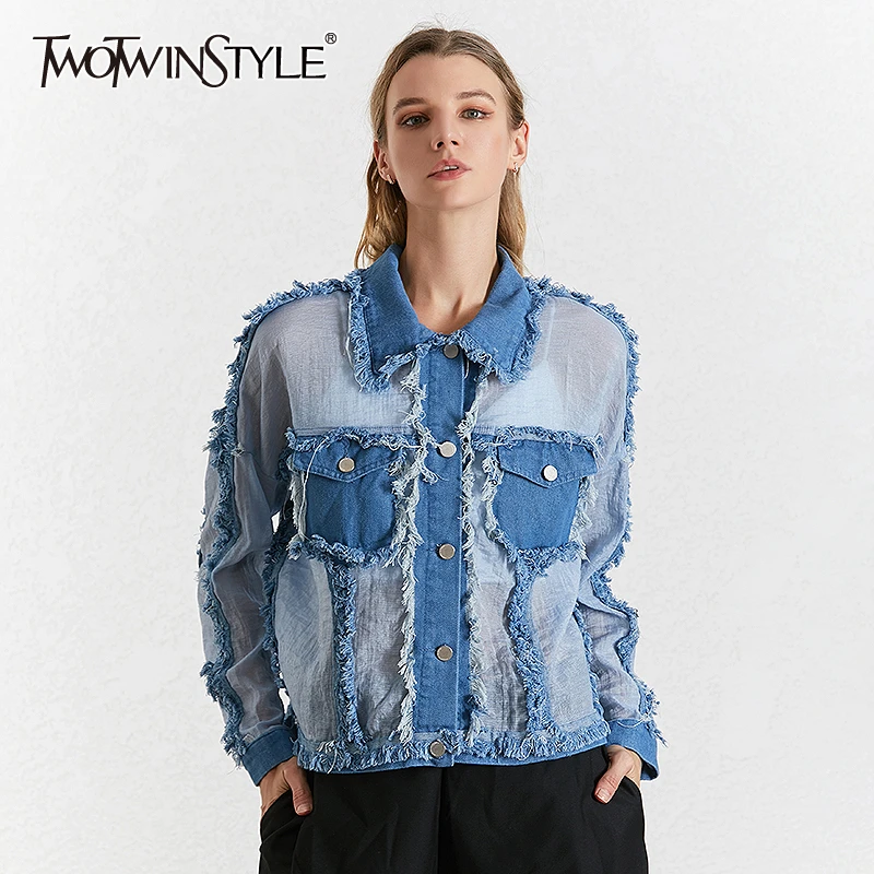 TWOTWINSTYLE джинсовая Лоскутная рубашка женская с отворотом воротник длинный рукав