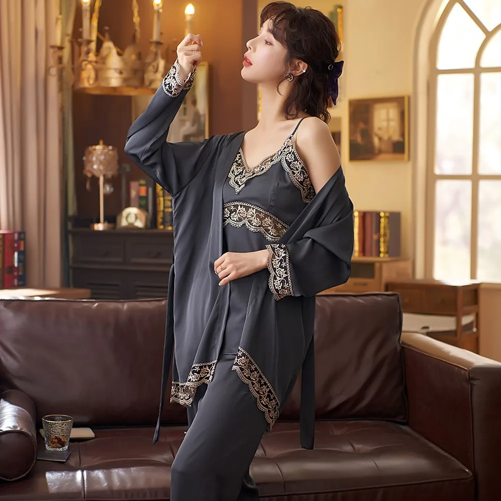 

3 шт., женский кружевной пижамный комплект, на весну-осень