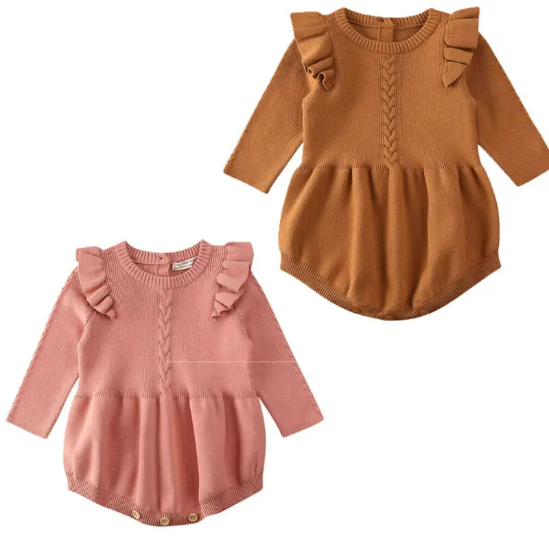 Infant Newborn Baby Girls Playsuit Knitted Spring 0-3Y Autumn Clothing Long Sleeve Solid Ruffled Jumpsuit Outfit | Детская одежда и
